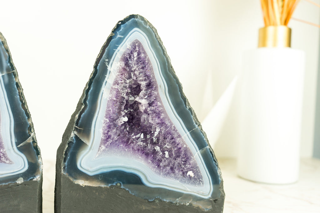 Pair of Book-Matching Blue Lace Agate Geodes with Crystal Amethyst - 11.4 Kg - 25.2 lb
