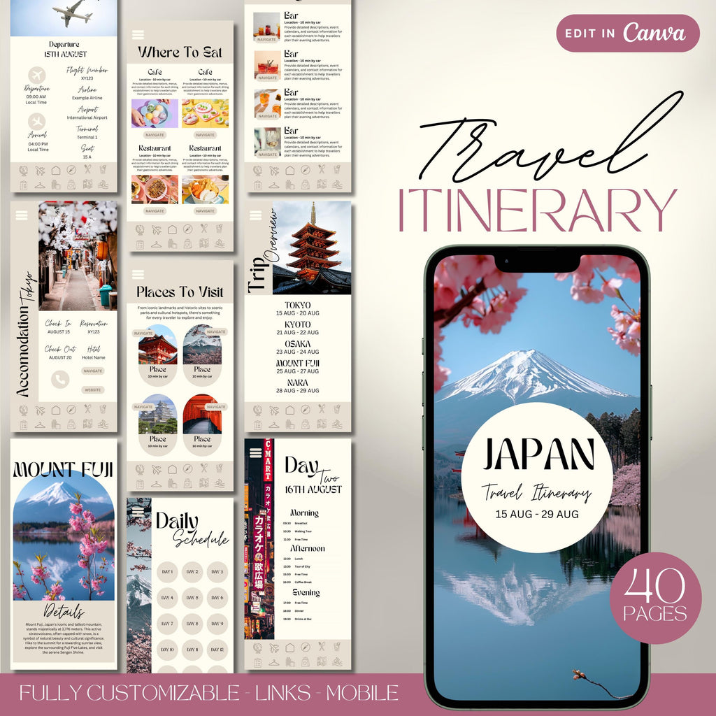 Japan Travel Itinerary Template, Trip Mobile Planner, Digital Vacation Schedule, Mobile Holiday Organizer, Travel Agent Marketing Tour Guide