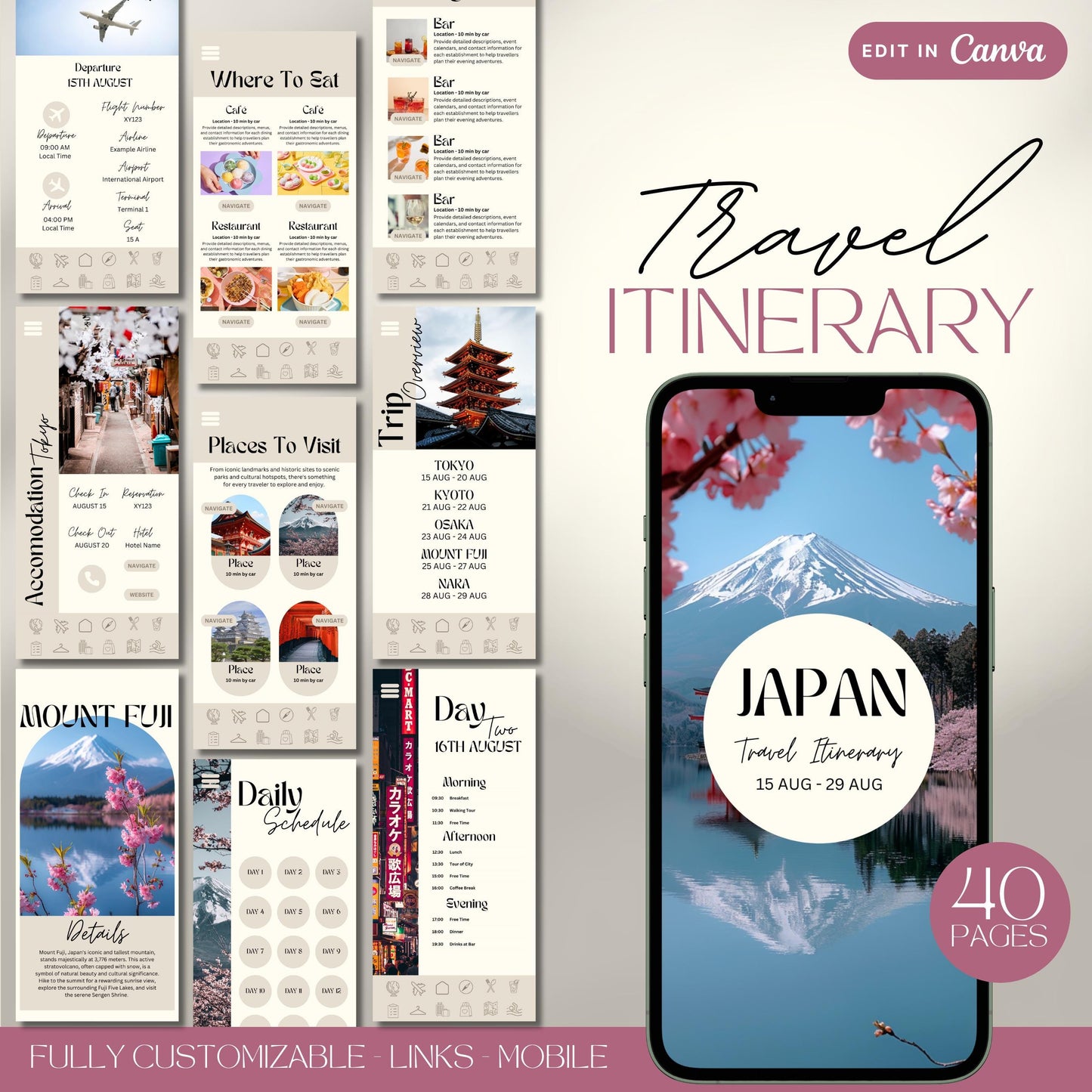 Japan Travel Itinerary Template, Trip Mobile Planner, Digital Vacation Schedule, Mobile Holiday Organizer, Travel Agent Marketing Tour Guide