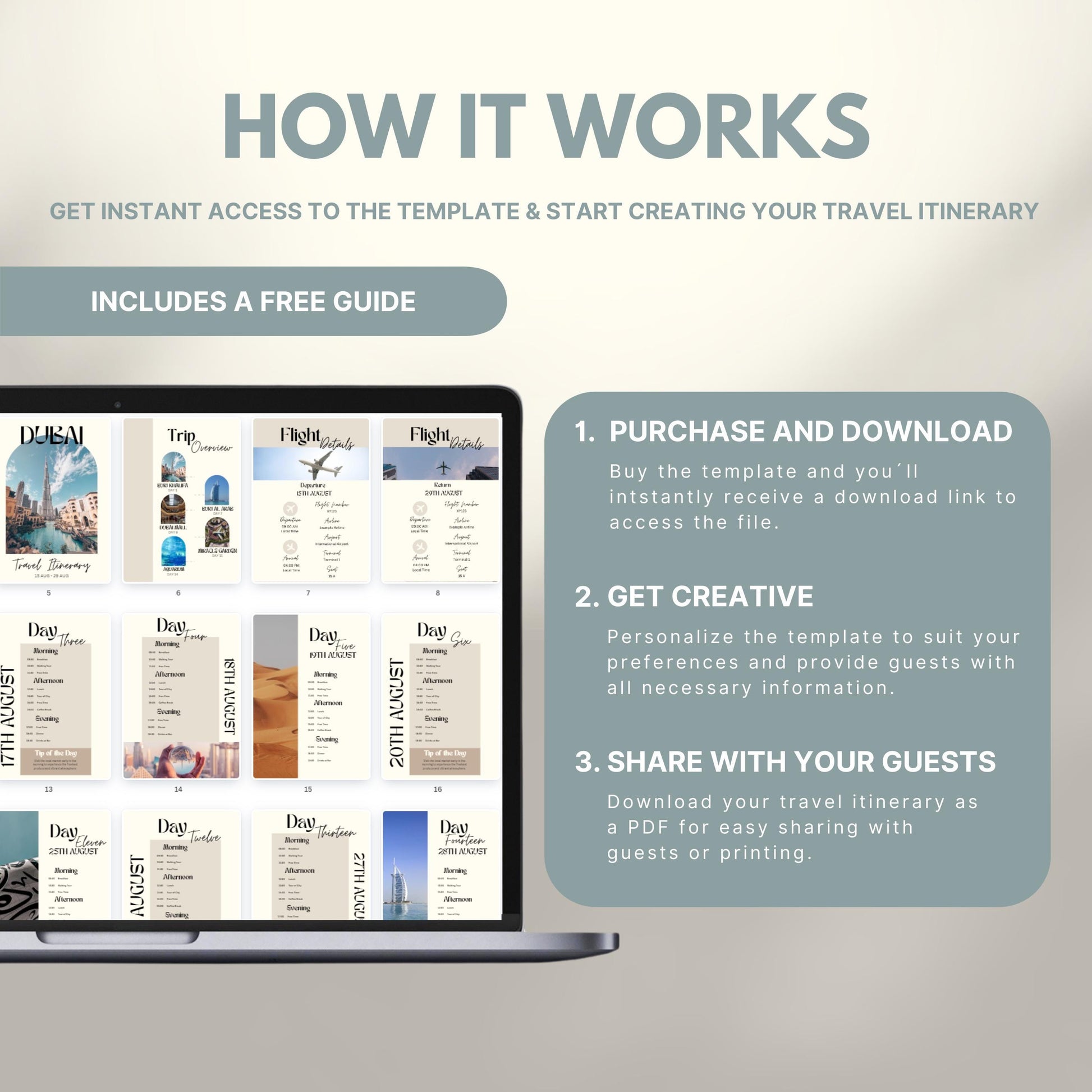 Dubai Travel Itinerary Template, Travel Planner, Dubai Trip Itinerary, Traveling Tour Guide, Marketing Holiday. Vacation Organizer Agent