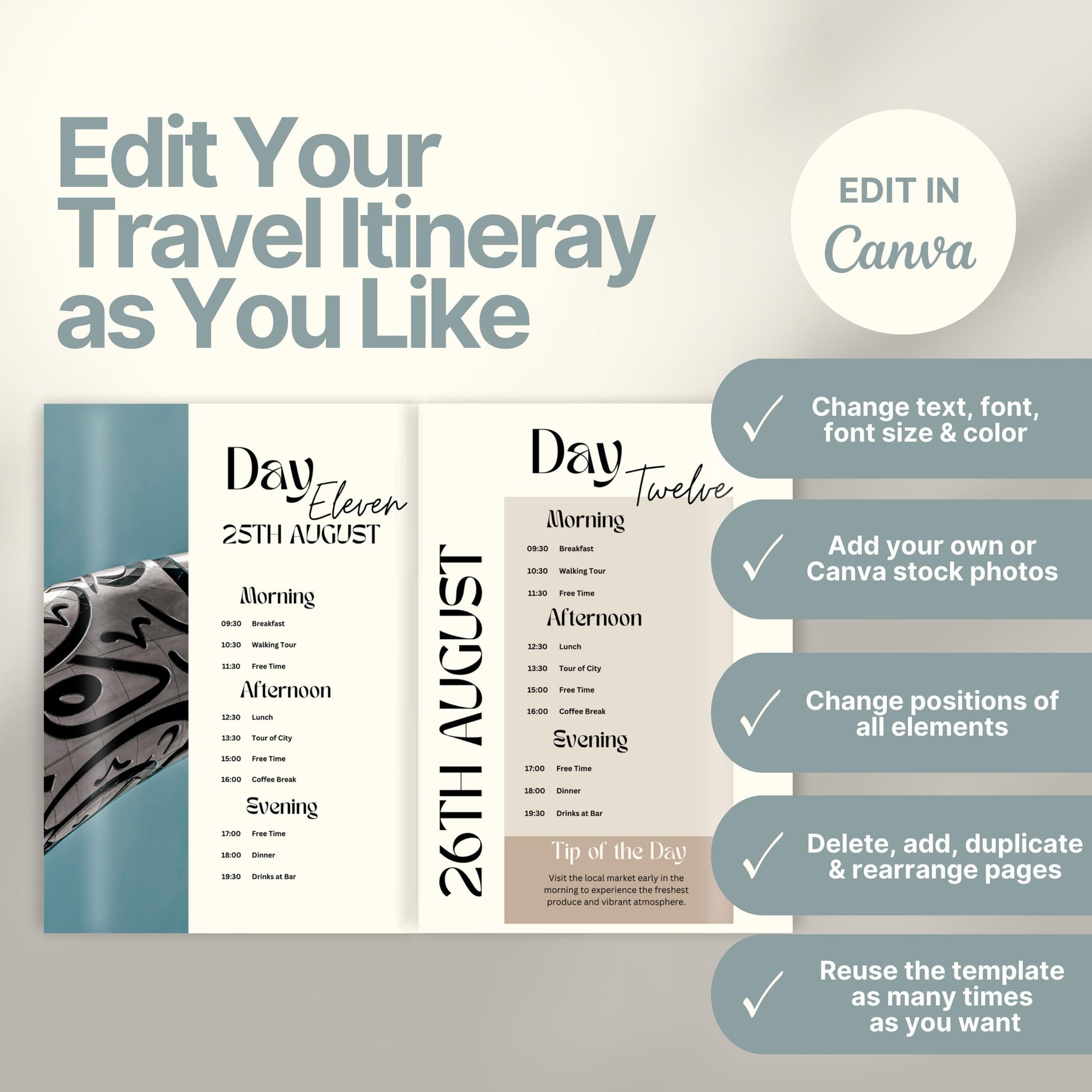 Dubai Travel Itinerary Template, Travel Planner, Dubai Trip Itinerary, Traveling Tour Guide, Marketing Holiday. Vacation Organizer Agent