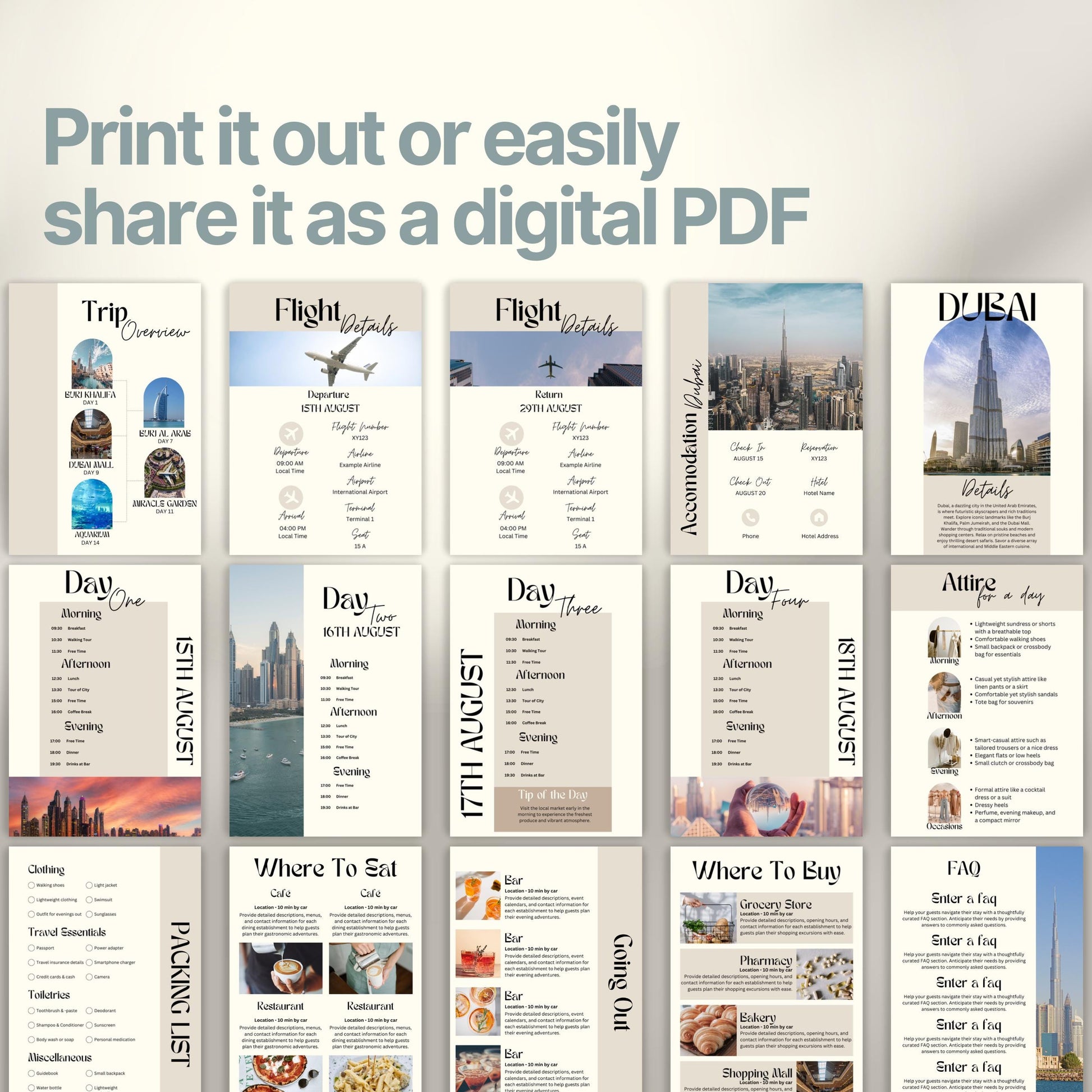 Dubai Travel Itinerary Template, Travel Planner, Dubai Trip Itinerary, Traveling Tour Guide, Marketing Holiday. Vacation Organizer Agent