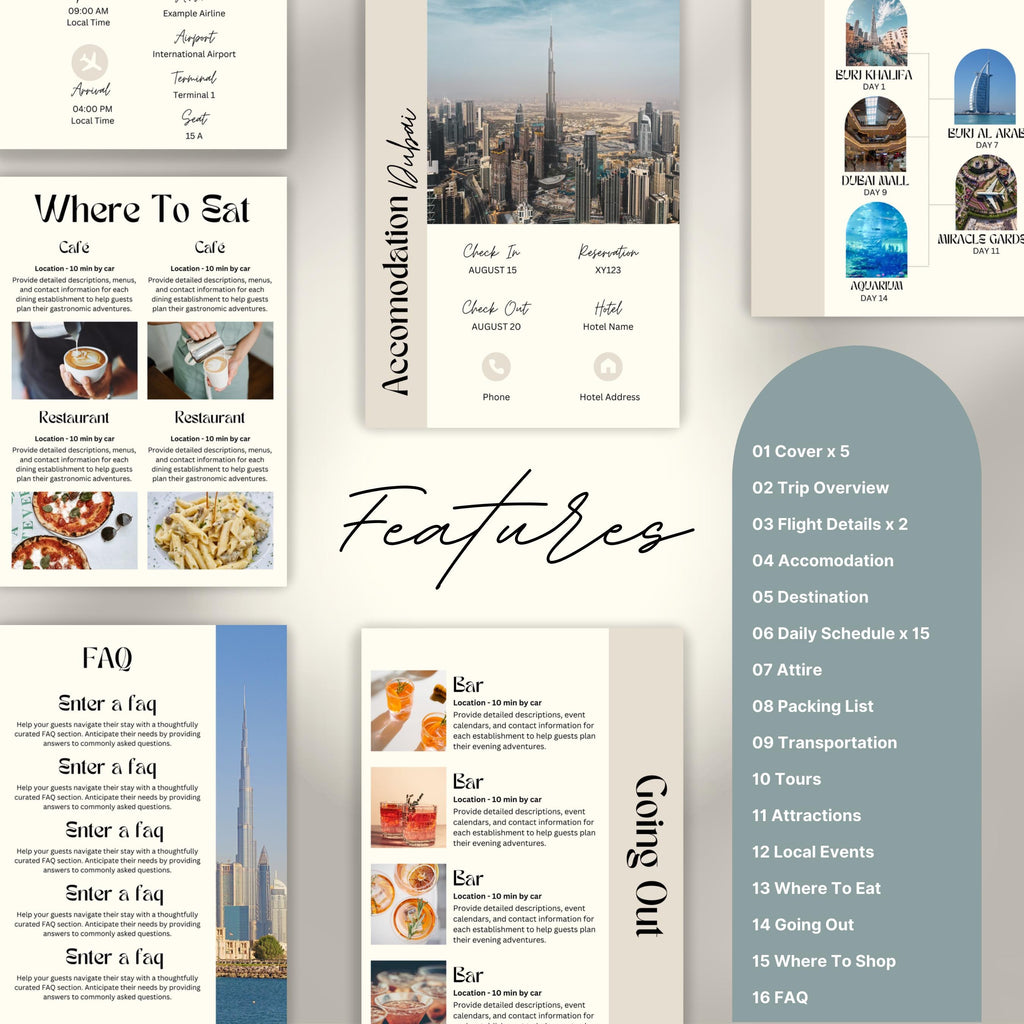 Dubai Travel Itinerary Template, Travel Planner, Dubai Trip Itinerary, Traveling Tour Guide, Marketing Holiday. Vacation Organizer Agent