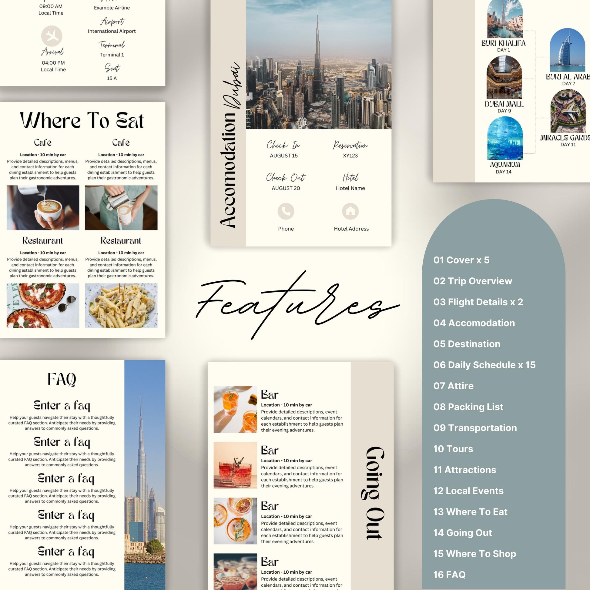Dubai Travel Itinerary Template, Travel Planner, Dubai Trip Itinerary, Traveling Tour Guide, Marketing Holiday. Vacation Organizer Agent