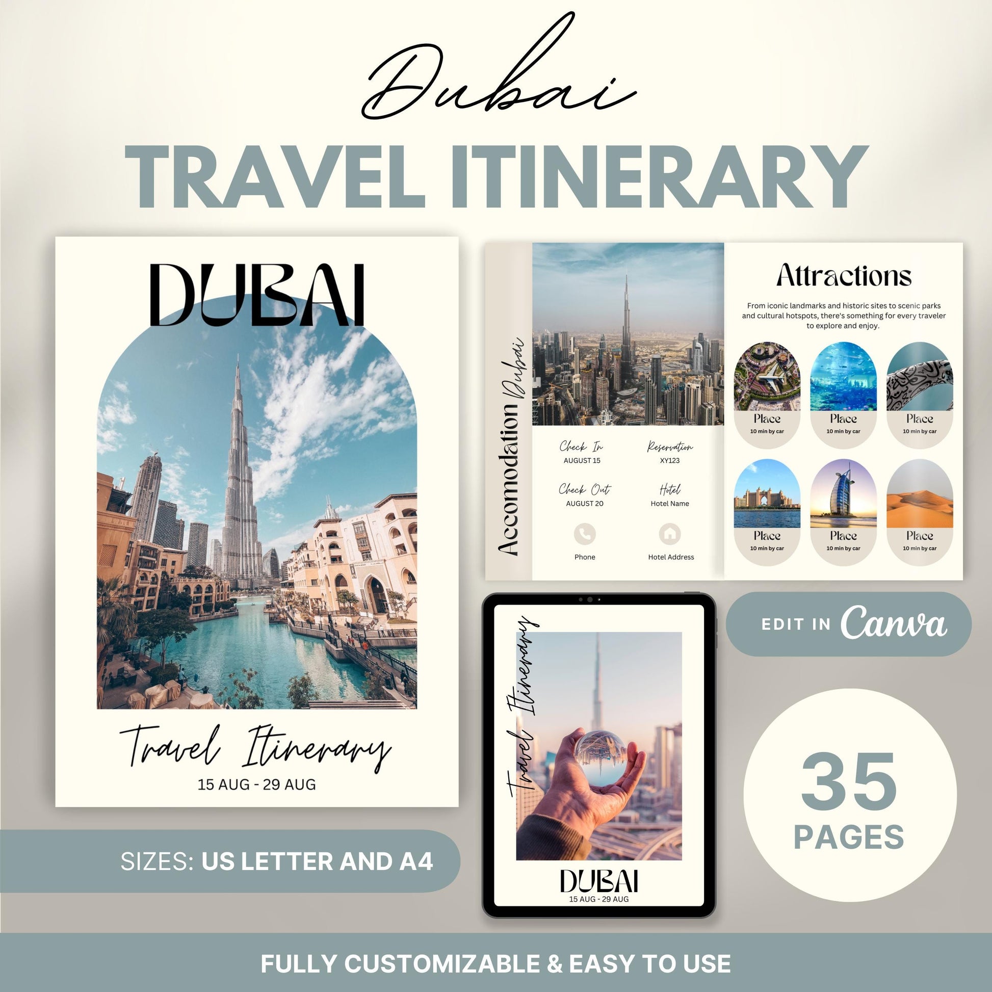 Dubai Travel Itinerary Template, Travel Planner, Dubai Trip Itinerary, Traveling Tour Guide, Marketing Holiday. Vacation Organizer Agent
