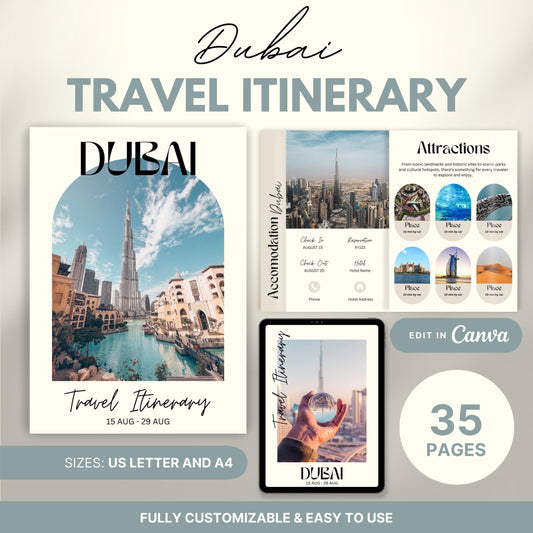 Dubai Travel Itinerary Template, Travel Planner, Dubai Trip Itinerary, Traveling Tour Guide, Marketing Holiday. Vacation Organizer Agent