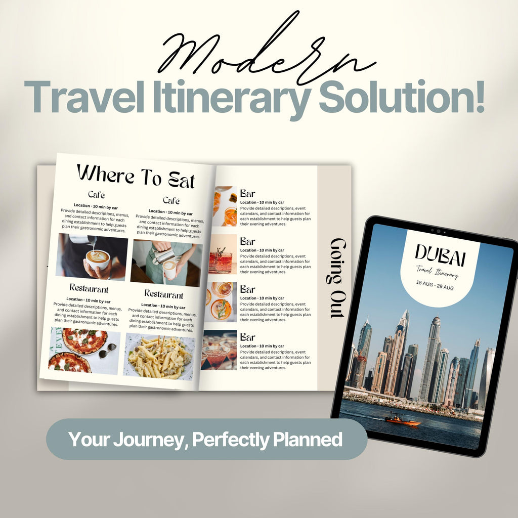 Dubai Travel Itinerary Template, Travel Planner, Dubai Trip Itinerary, Traveling Tour Guide, Marketing Holiday. Vacation Organizer Agent