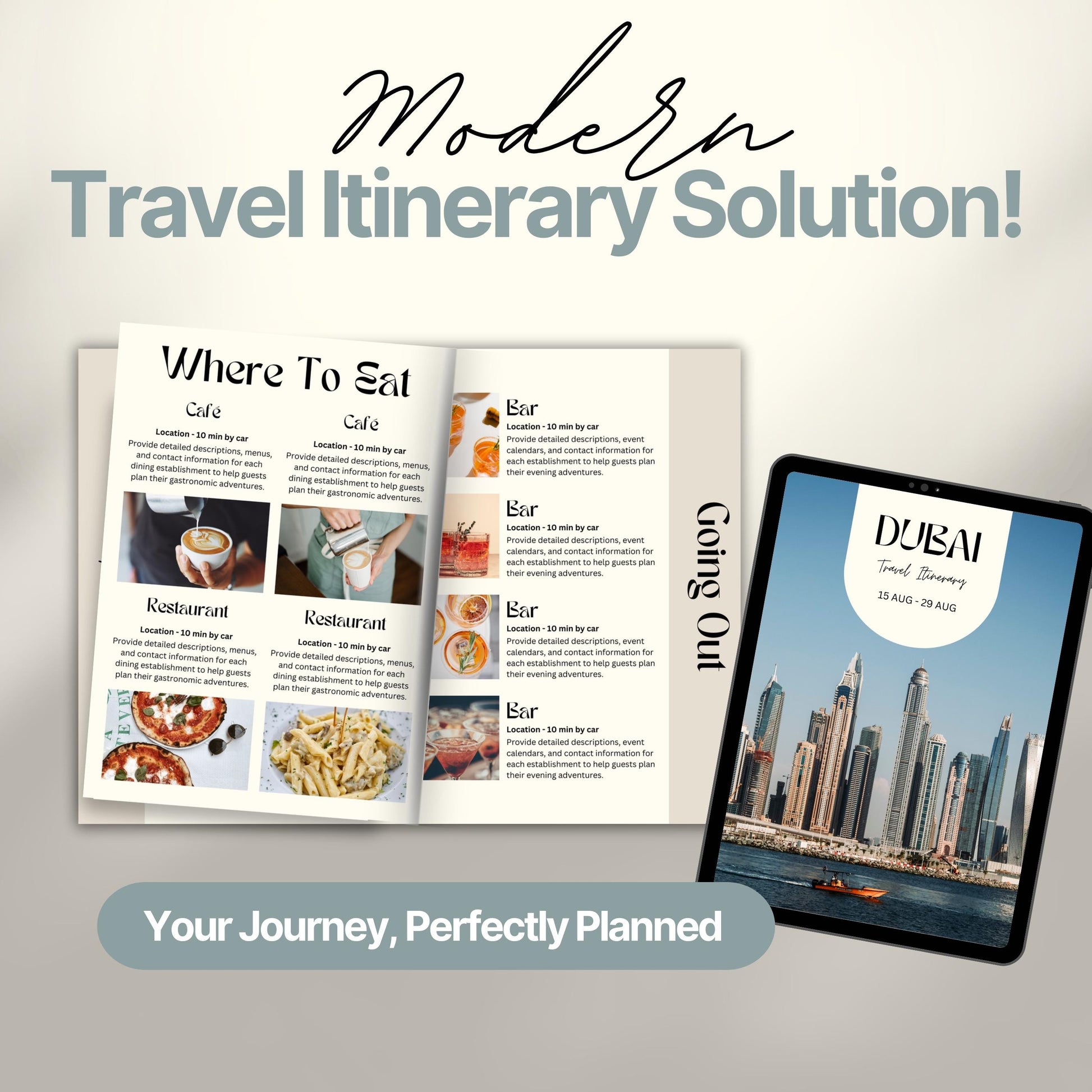 Dubai Travel Itinerary Template, Travel Planner, Dubai Trip Itinerary, Traveling Tour Guide, Marketing Holiday. Vacation Organizer Agent