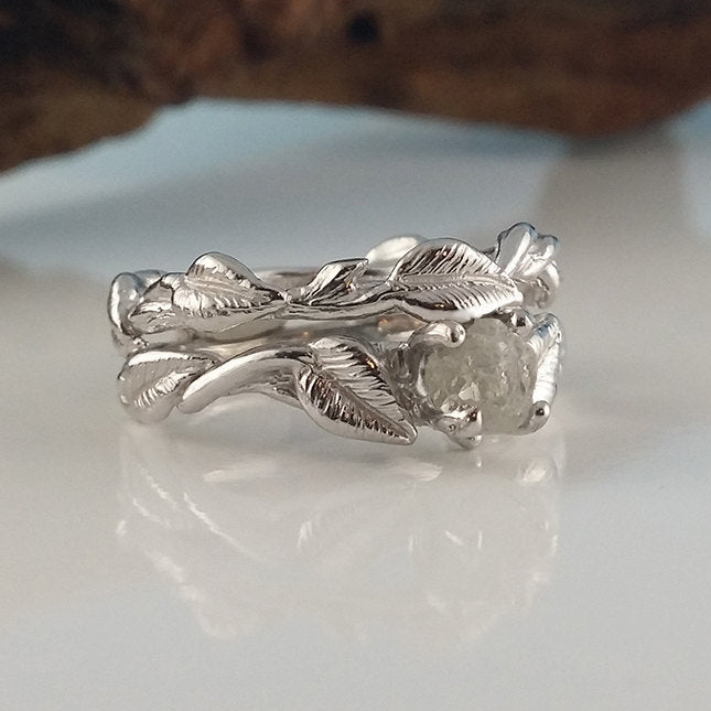 14K White Gold Raw Diamond Engagement Ring Set, Twig and Vine Wedding Ring, Hand Sculpted, One-of-a-kind Bridal Ring Set by Dawn Vertrees