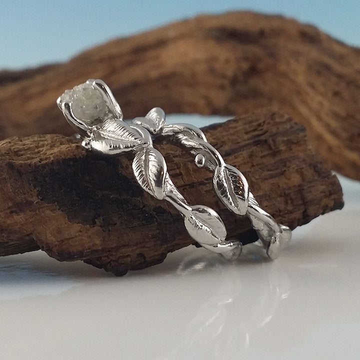 14K White Gold Raw Diamond Engagement Ring Set, Twig and Vine Wedding Ring, Hand Sculpted, One-of-a-kind Bridal Ring Set by Dawn Vertrees