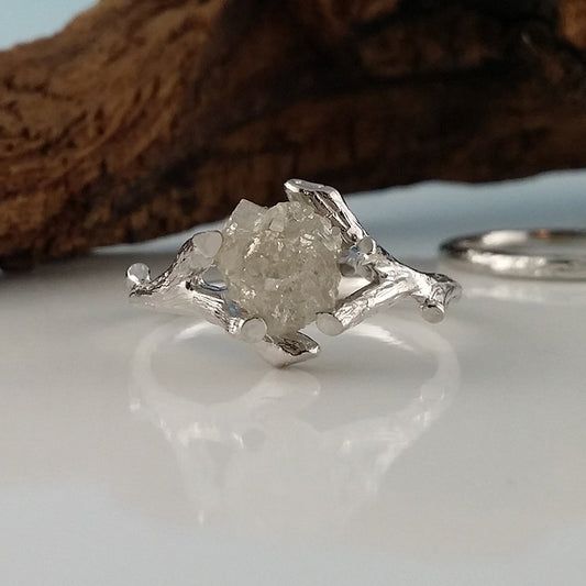 14K White Gold Raw Twig Diamond Solitaire Engagement Ring Set, Promise Ring Set, Wedding Ring, Bridal Set Sculpted by Dawn Vertrees Jewelry