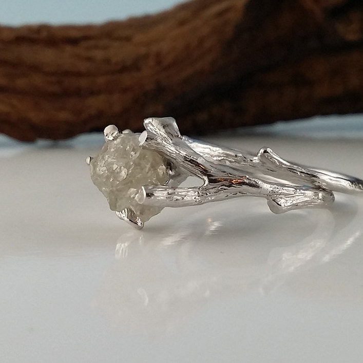 14K White Gold Raw Twig Diamond Solitaire Engagement Ring Set, Promise Ring Set, Wedding Ring, Bridal Set Sculpted by Dawn Vertrees Jewelry