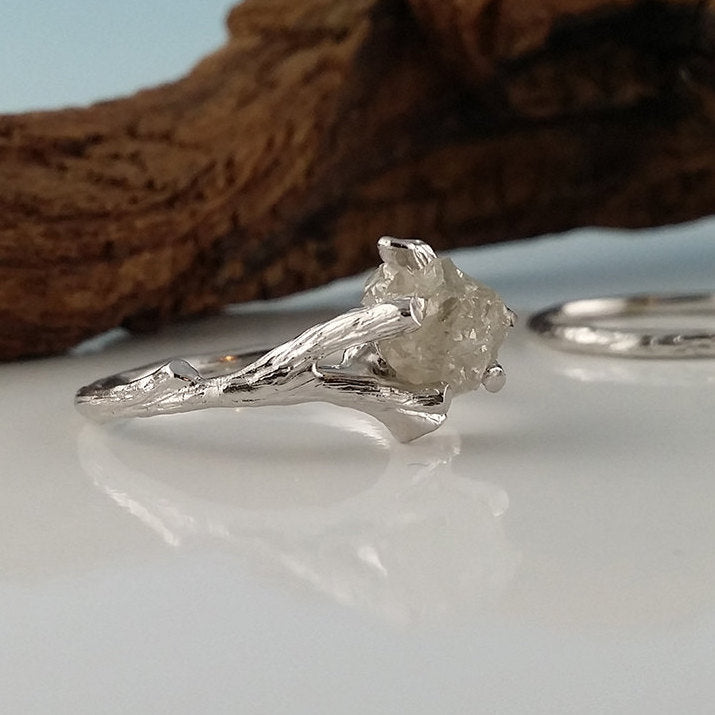 14K White Gold Raw Twig Diamond Solitaire Engagement Ring Set, Promise Ring Set, Wedding Ring, Bridal Set Sculpted by Dawn Vertrees Jewelry