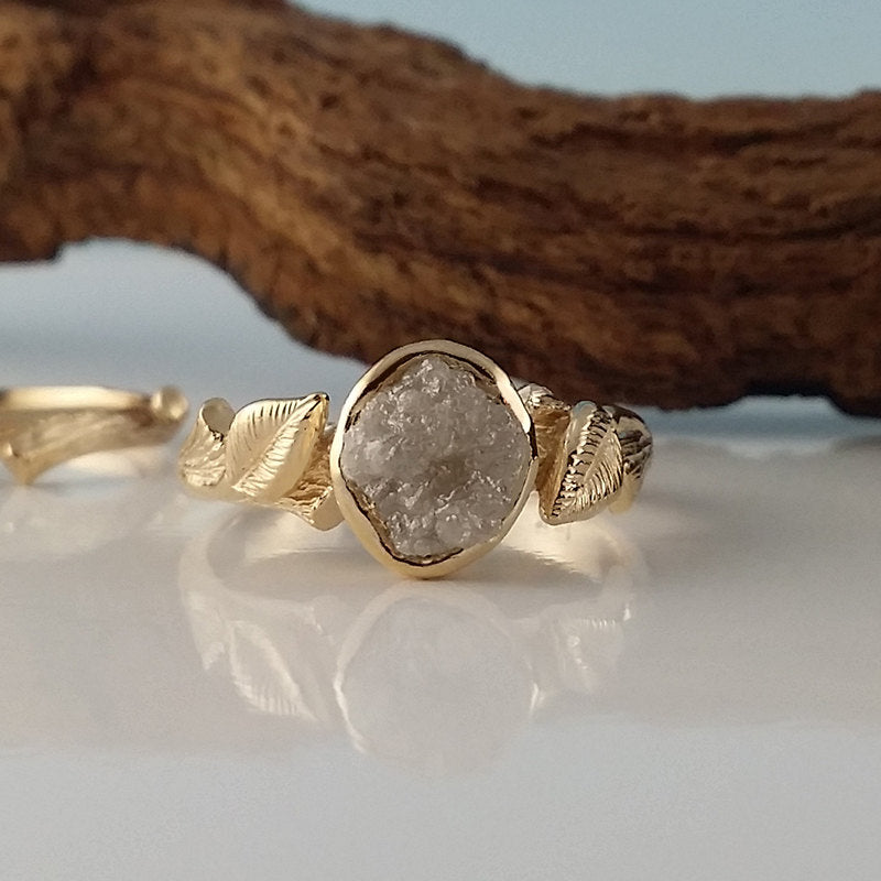 Rough Uncut Diamond Engagement Ring, 14K Gold, Raw Diamond Engagement Ring, Twig Band, Leaf Ring, Wedding Set, Engagement Set by Dawn