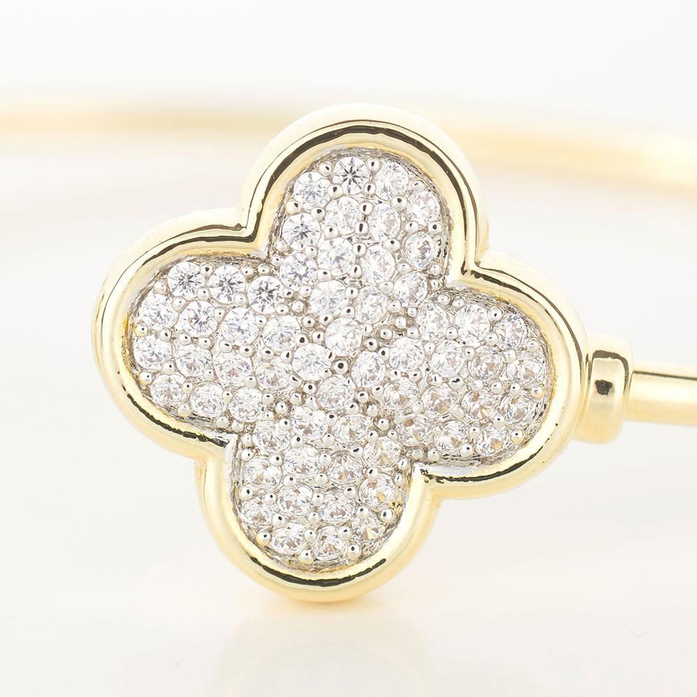 14k Gold Dipped Cubic Zirconia Clover Bracelet, Clover Jewelry, Gold 4 Leaf Clover Cuff Bangle, Matron of Honor Gift, Mother of the Bride