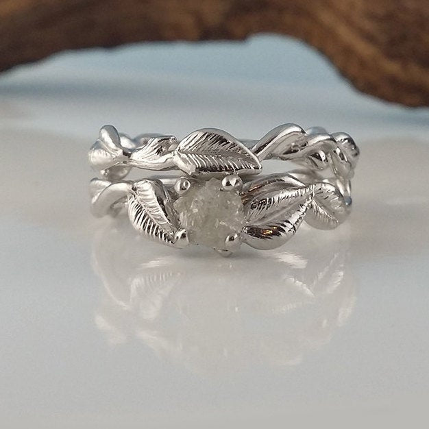 14K White Gold Raw Diamond Engagement Ring Set, Twig and Vine Wedding Ring, Hand Sculpted, One-of-a-kind Bridal Ring Set by Dawn Vertrees