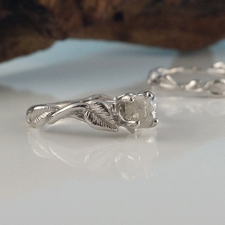 14K White Gold Raw Diamond Engagement Ring Set, Twig and Vine Wedding Ring, Hand Sculpted, One-of-a-kind Bridal Ring Set by Dawn Vertrees