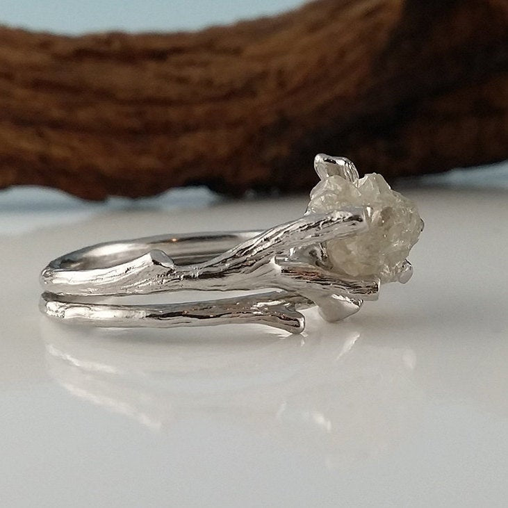 14K White Gold Raw Twig Diamond Solitaire Engagement Ring Set, Promise Ring Set, Wedding Ring, Bridal Set Sculpted by Dawn Vertrees Jewelry