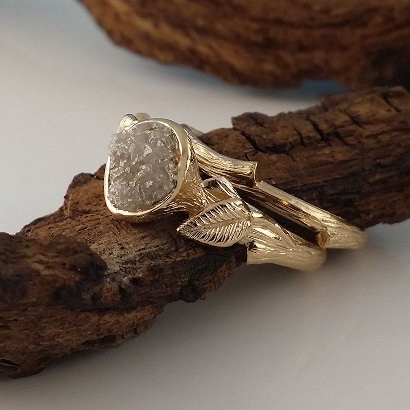 Rough Uncut Diamond Engagement Ring, 14K Gold, Raw Diamond Engagement Ring, Twig Band, Leaf Ring, Wedding Set, Engagement Set by Dawn