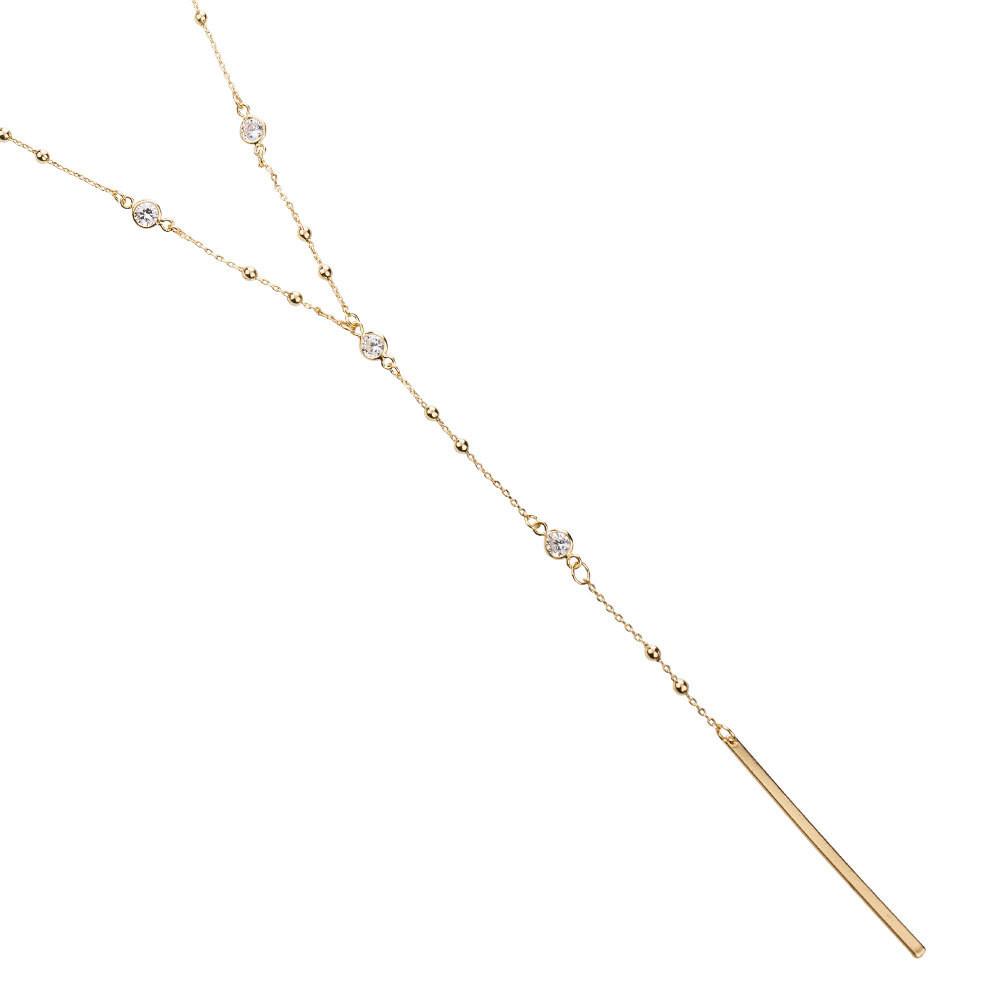 14k Gold Dipped Lariat Y Necklace Cubic Zirconia Brass Necklace, Minimalist Jewelry, Minimal Bar Lariat Necklace, CZ Layering Necklace