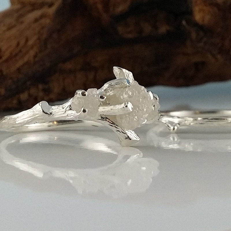 White Gold Raw Three Diamond Engagement Ring Set, Raw Diamond Branch Bridal Set, Custom Made-to-Order, Hand Sculpted Twig Wedding Band Set