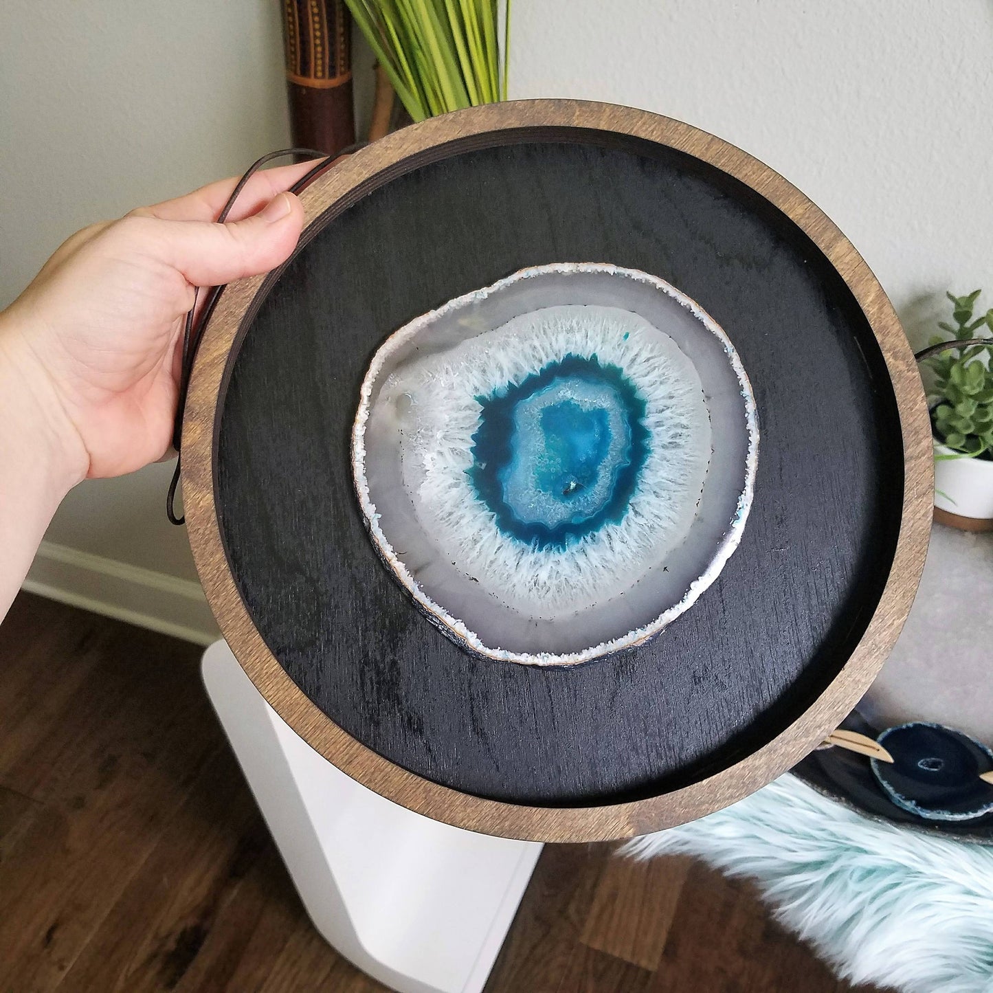 10" Teal Agate Framed Round Wall Art