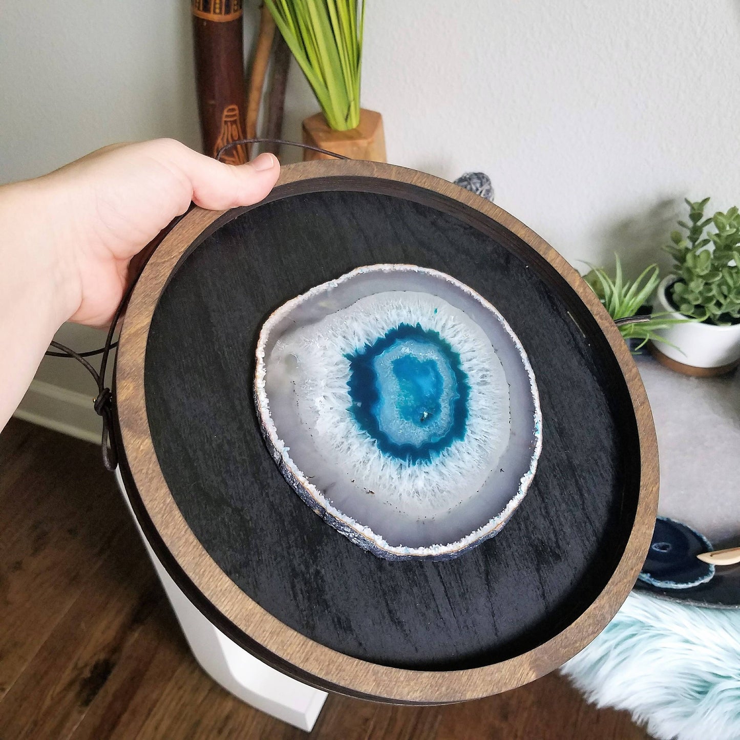 10" Teal Agate Framed Round Wall Art