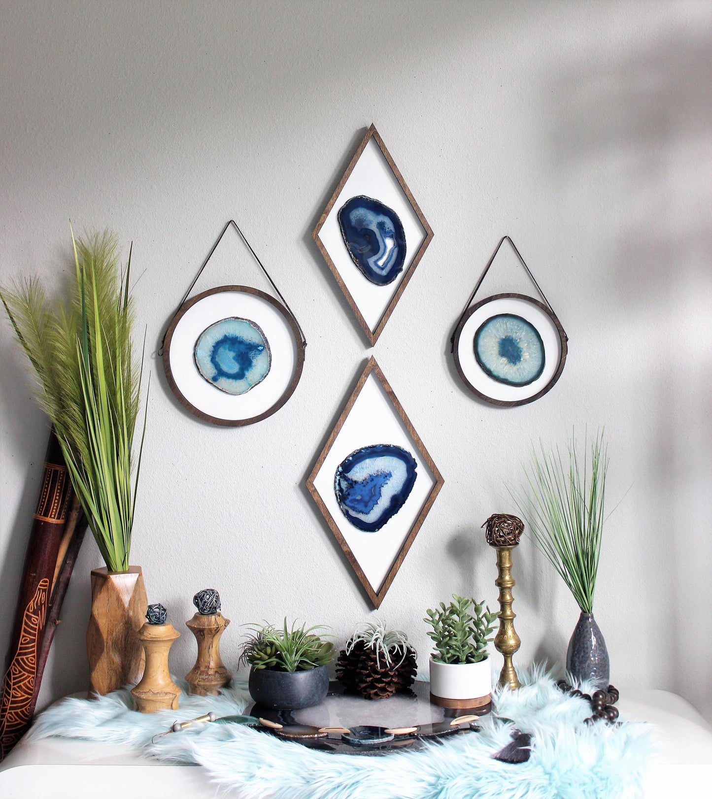 16" Blue Agate Framed Diamond Wall Art