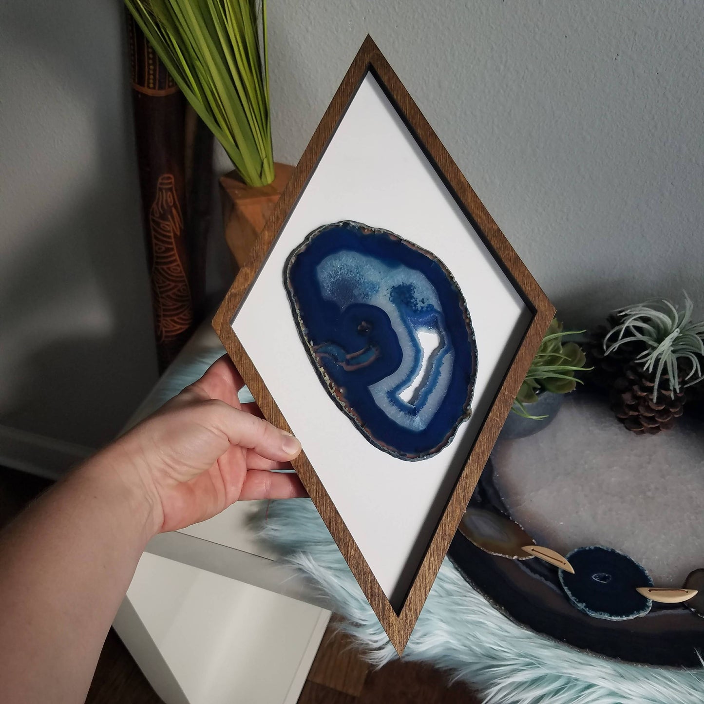 16" Blue Agate Framed Diamond Wall Art