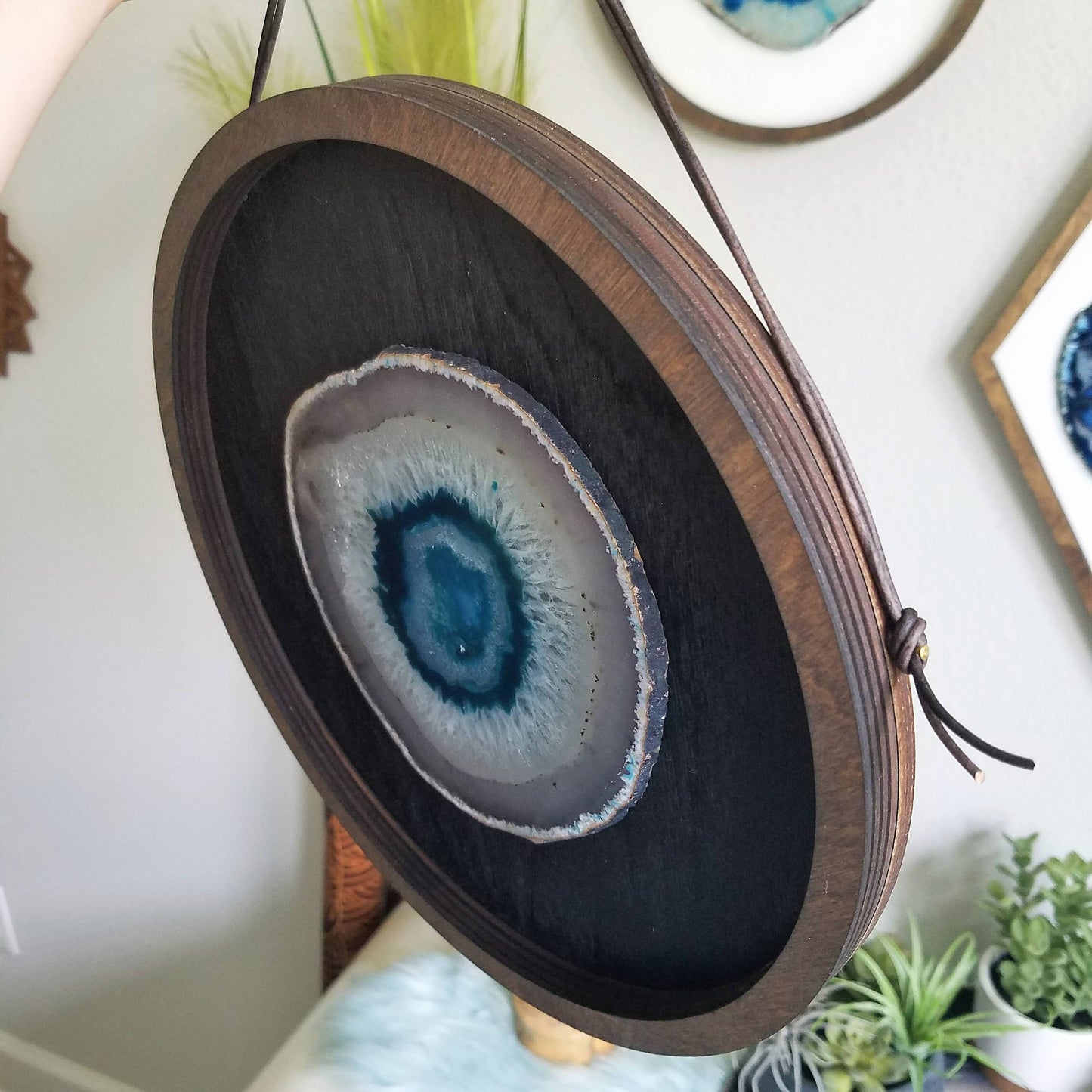 10" Teal Agate Framed Round Wall Art