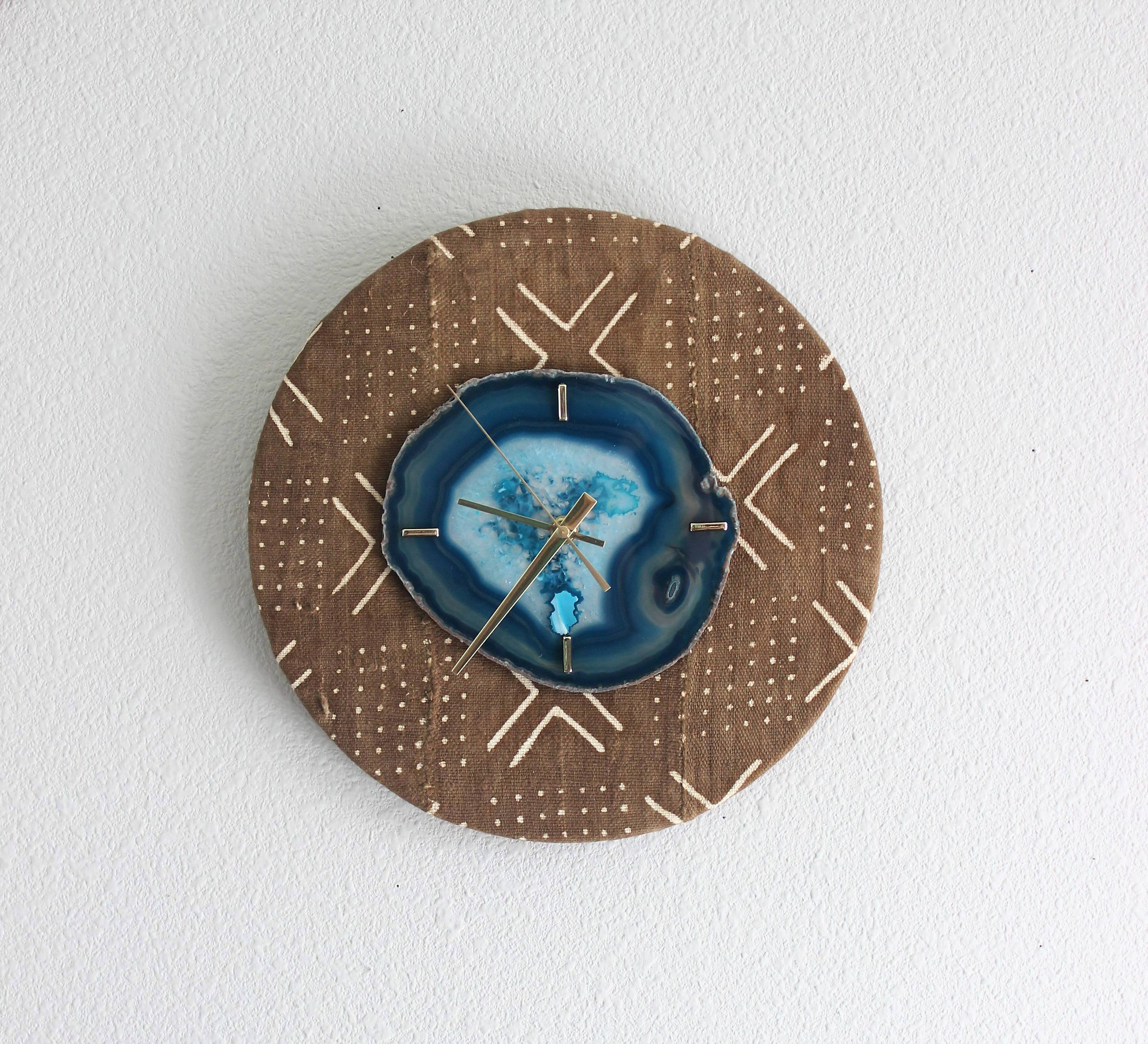 12"  Textile Mudcloth Teal Agate Wall Clock
