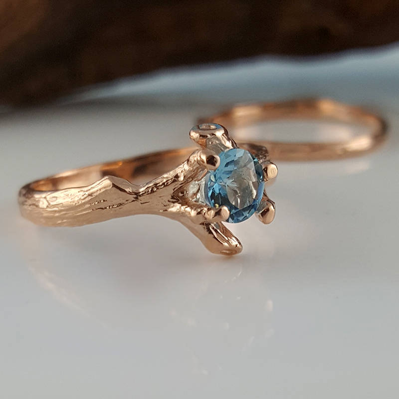 Gold Twig Gemstone Engagement Ring set - 14K Gold Gemstone bridal Set, Branch birthstone Wedding band by Dawn Vertrees