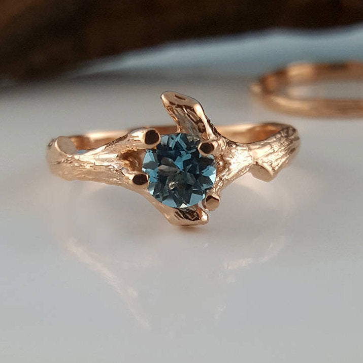 Gold Twig Gemstone Engagement Ring set - 14K Gold Gemstone bridal Set, Branch birthstone Wedding band by Dawn Vertrees