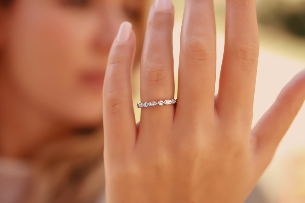 Diamond Wedding Band/ Vintage Style Ring/ Stacking Ring/ Marquise and Round Diamond Ring in 14k Gold/Simulated Diamond Eternity Band