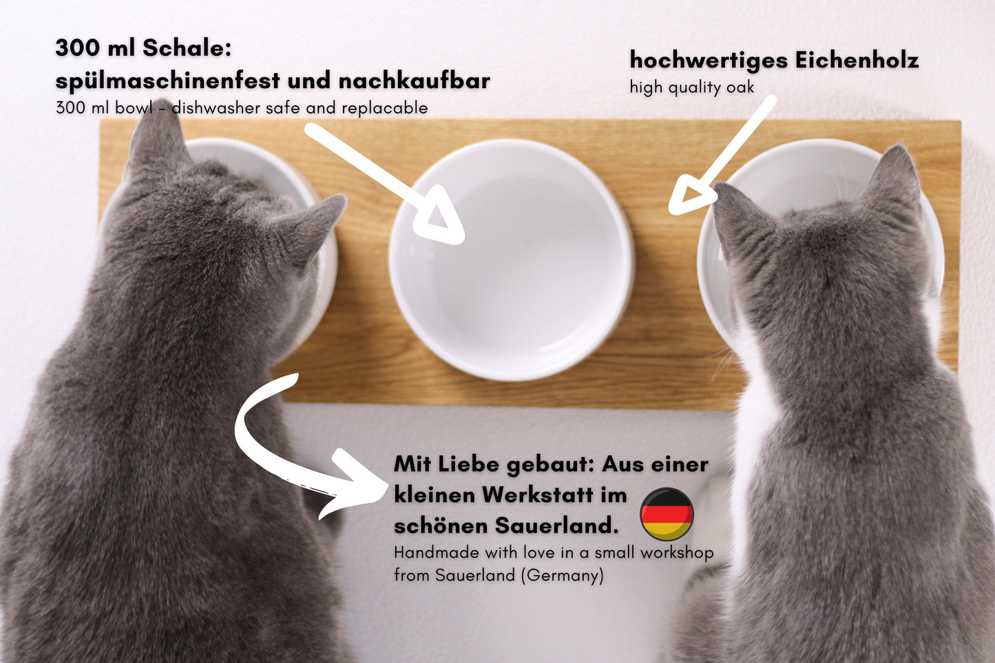 3er Futterbar Katze Eiche weiße Schalen - 3er Set - Katzennapf Napf Katze Holz