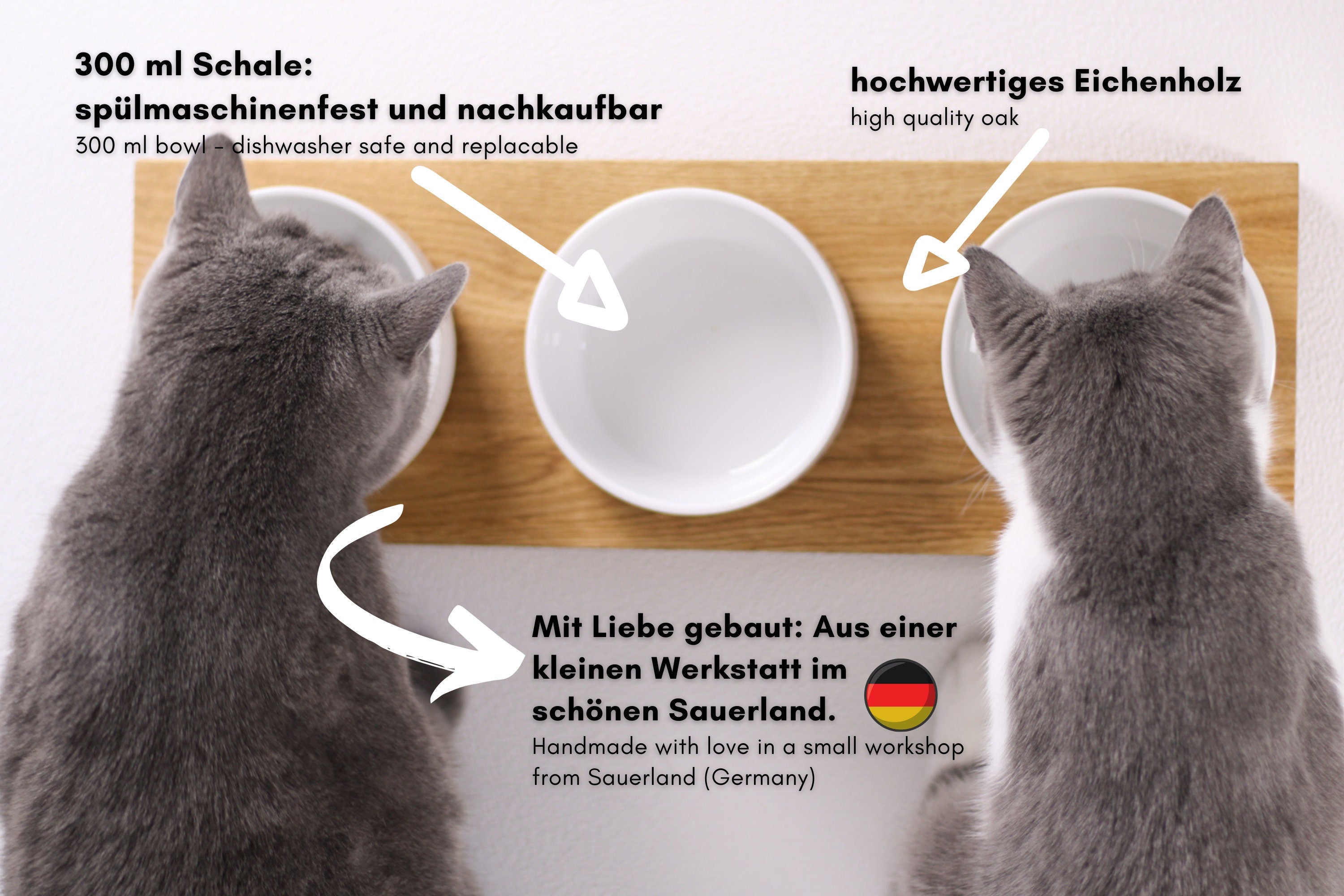 3er Futterbar Katze Eiche weiße Schalen - 3er Set - Katzennapf Napf Katze Holz