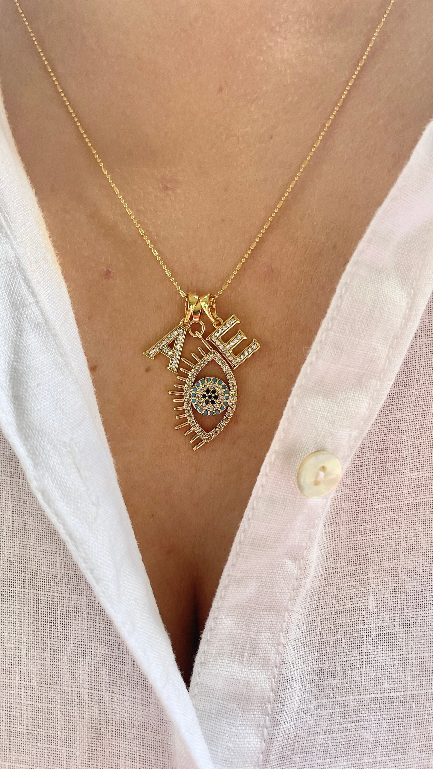 Evil Eye Necklace, Evil Eye Gold Initial Necklace, Dainty Eye Necklace, Evil Eye Necklace with eyelashes, Evil eye necklace silver