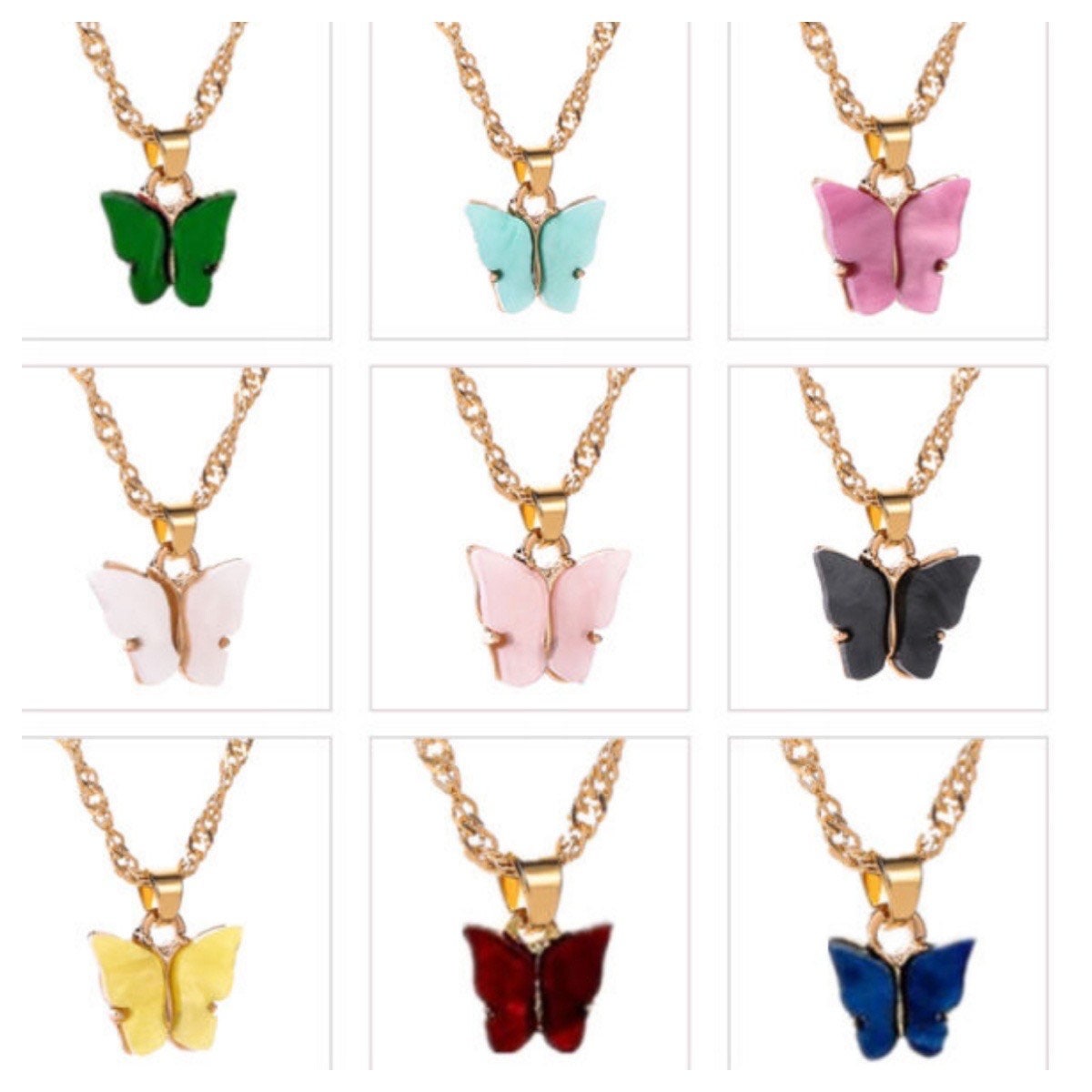 18K Butterfly Necklace Black, White, Turquoise, Pink, Yellow, Green, Red, Blue, Purple, Gold Plated Pendant