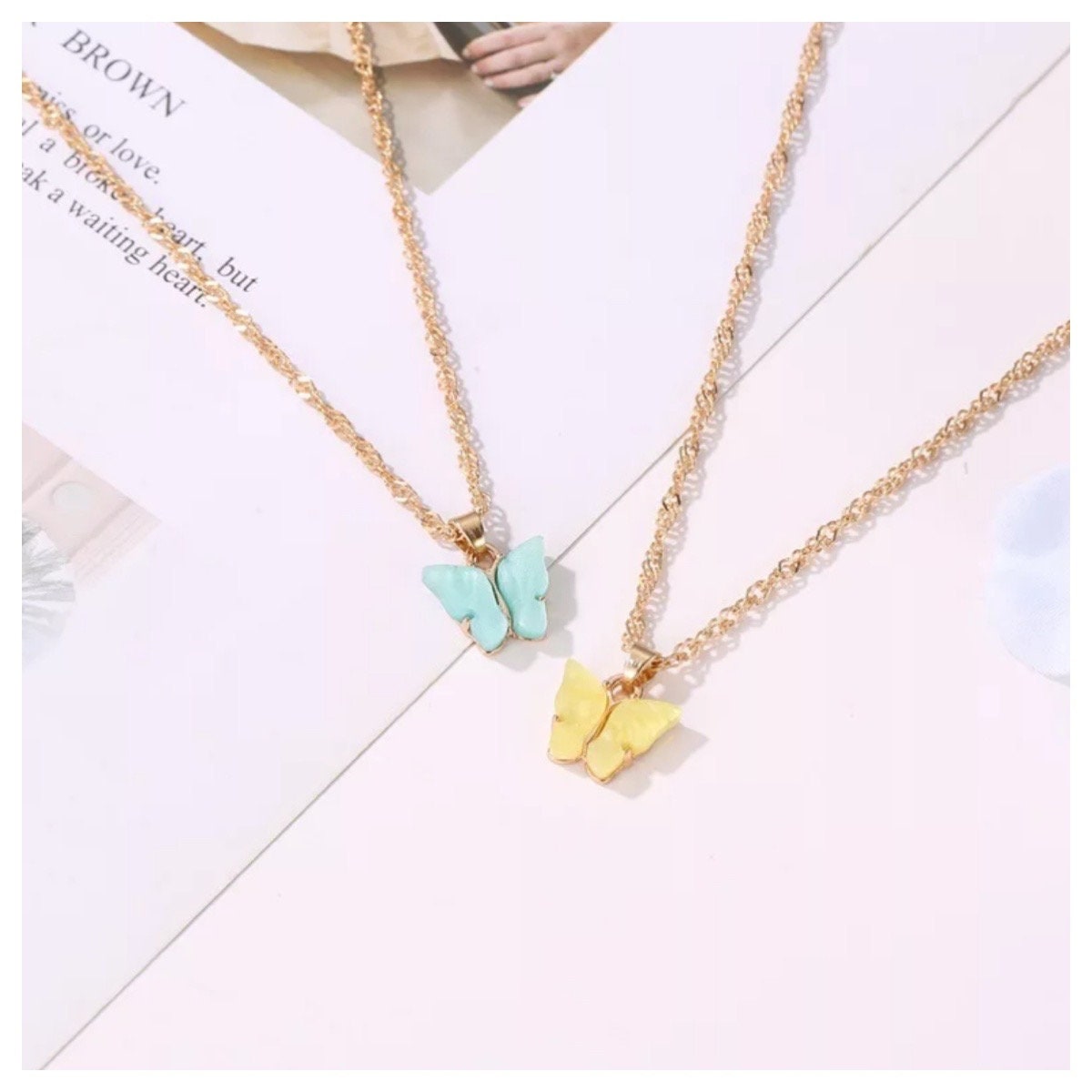 18K Butterfly Necklace Black, White, Turquoise, Pink, Yellow, Green, Red, Blue, Purple, Gold Plated Pendant