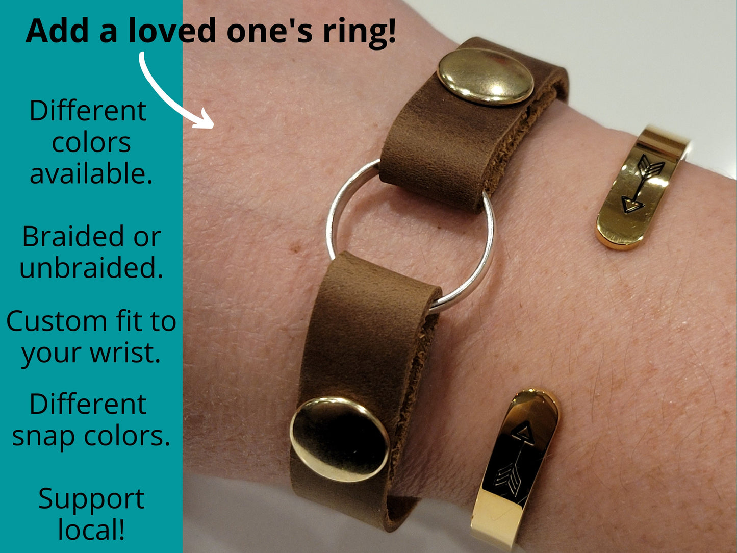 Snap in/out: Ring of Loved One! Classic Brown Leather // Memory Widow Ring Holder Bracelet (athlete, surgeon, weight gain, injury, chef, EMT