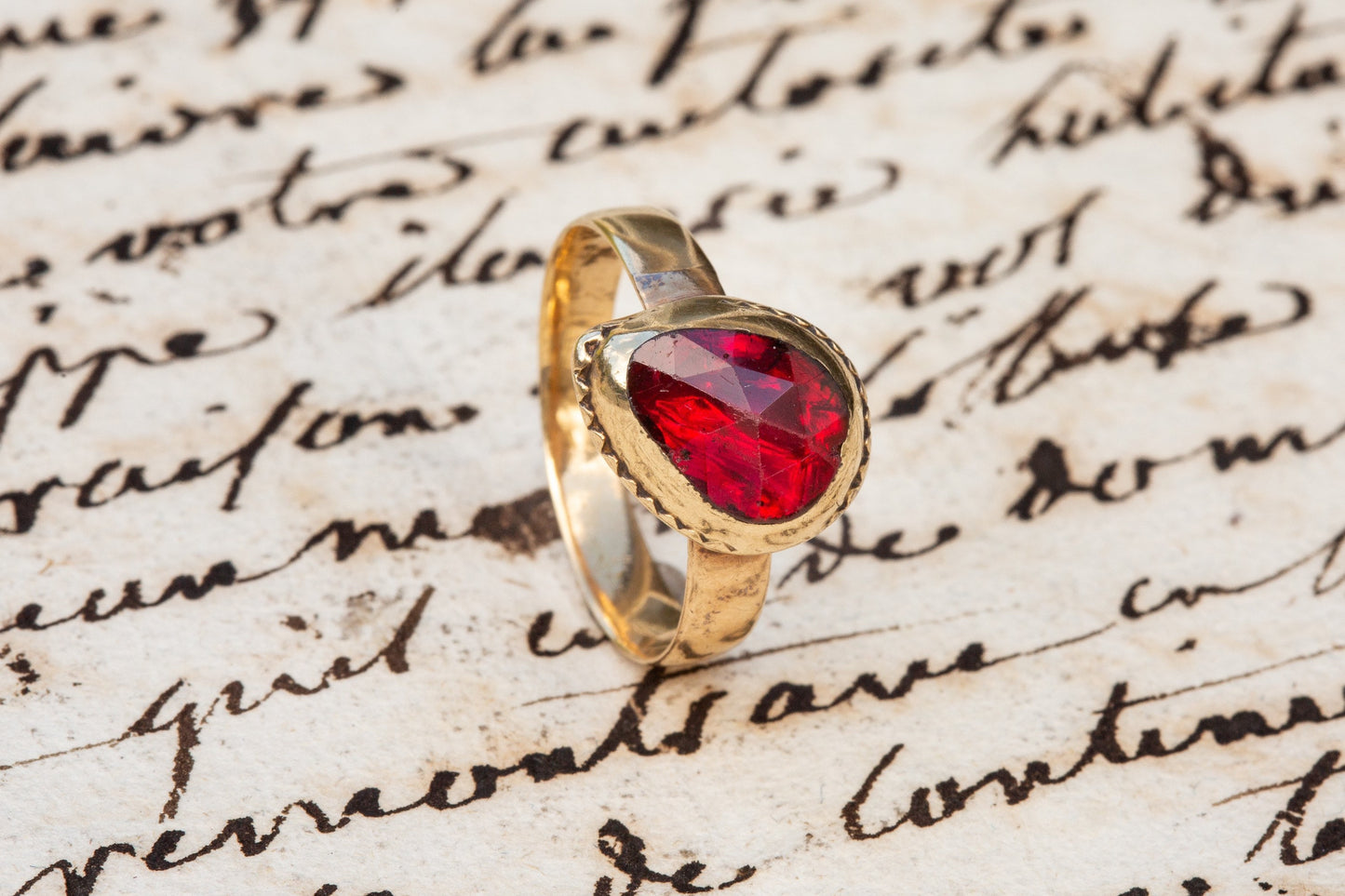 Scarce Antique Catalan 18th Century Gold Foiled Rose Cut Perpignan Garnet Ring