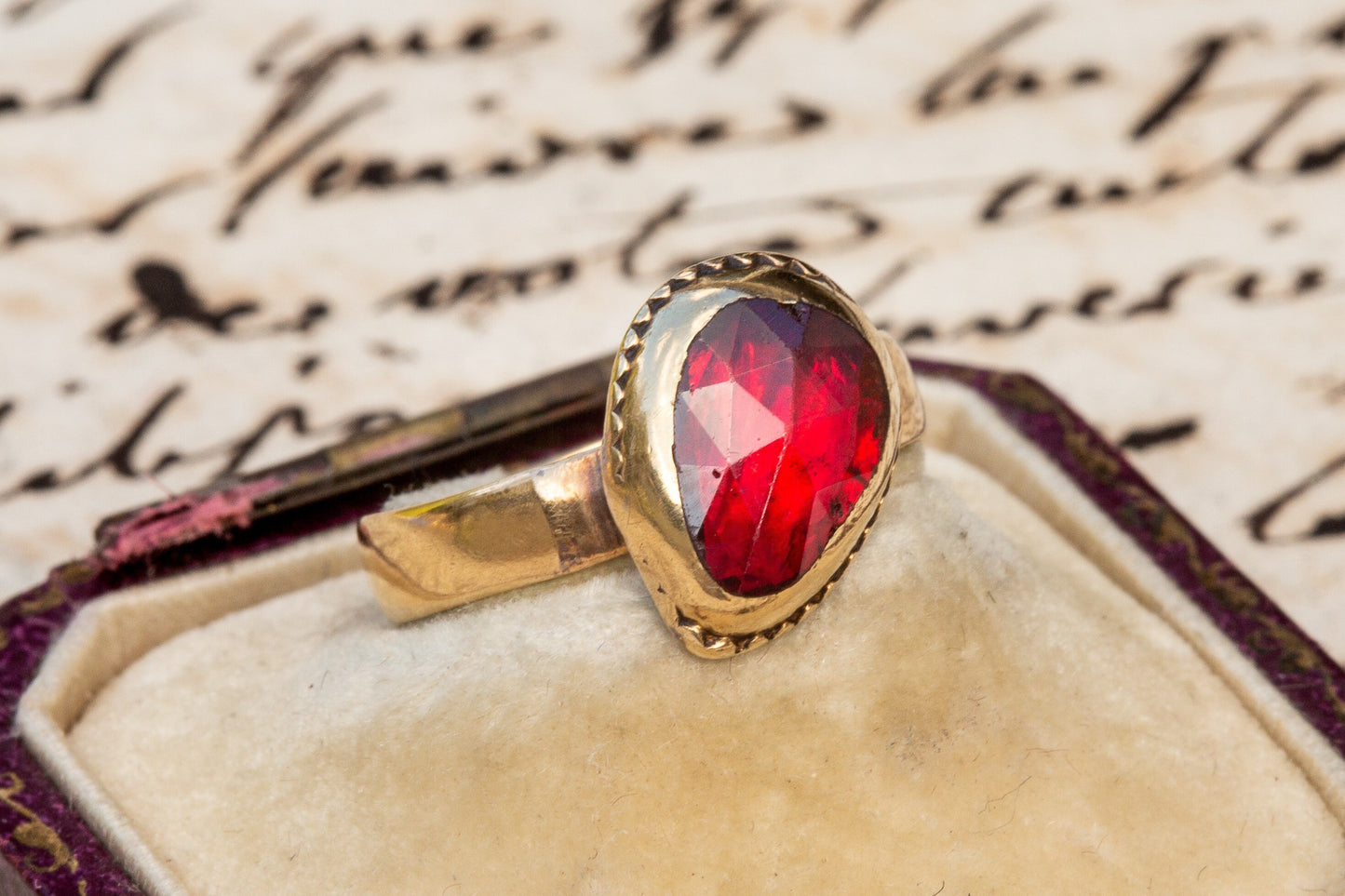 Scarce Antique Catalan 18th Century Gold Foiled Rose Cut Perpignan Garnet Ring