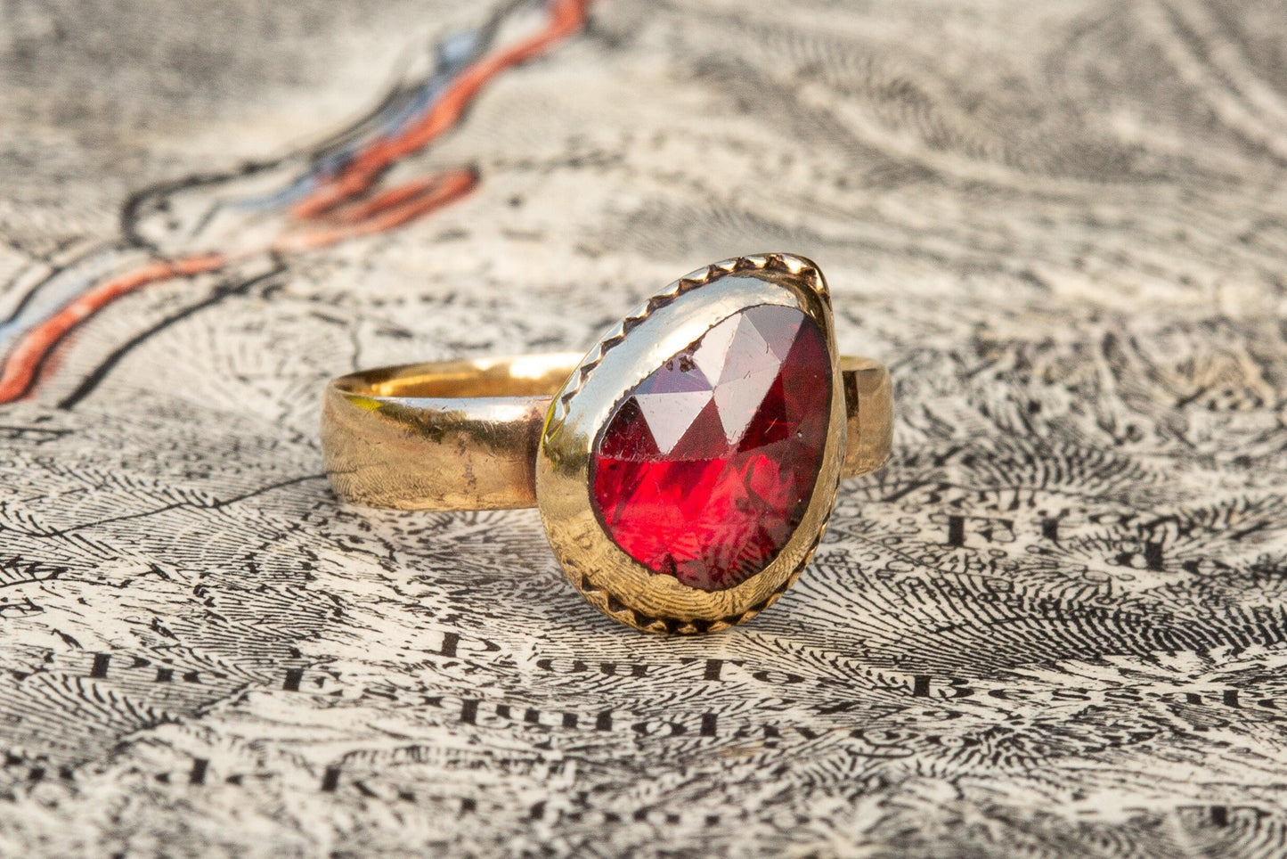 Scarce Antique Catalan 18th Century Gold Foiled Rose Cut Perpignan Garnet Ring