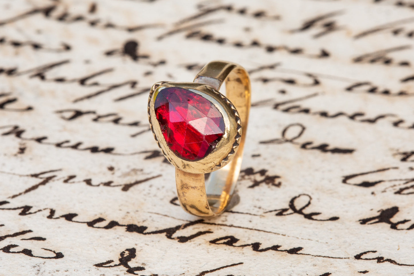 Scarce Antique Catalan 18th Century Gold Foiled Rose Cut Perpignan Garnet Ring