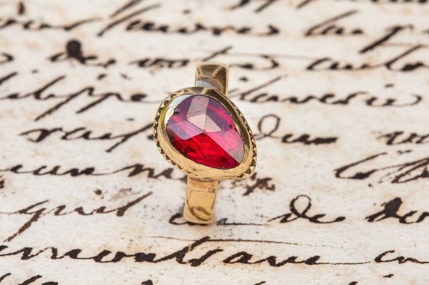 Scarce Antique Catalan 18th Century Gold Foiled Rose Cut Perpignan Garnet Ring