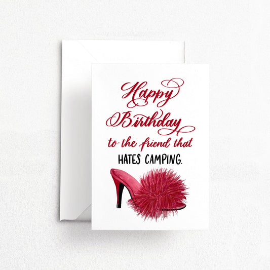 Friend that HATES CAMPING Birthday Card | Watercolor & Calligraphy| Gift for Best Friend | Shoe Card | Pretty Card for her Fabulous Shopping