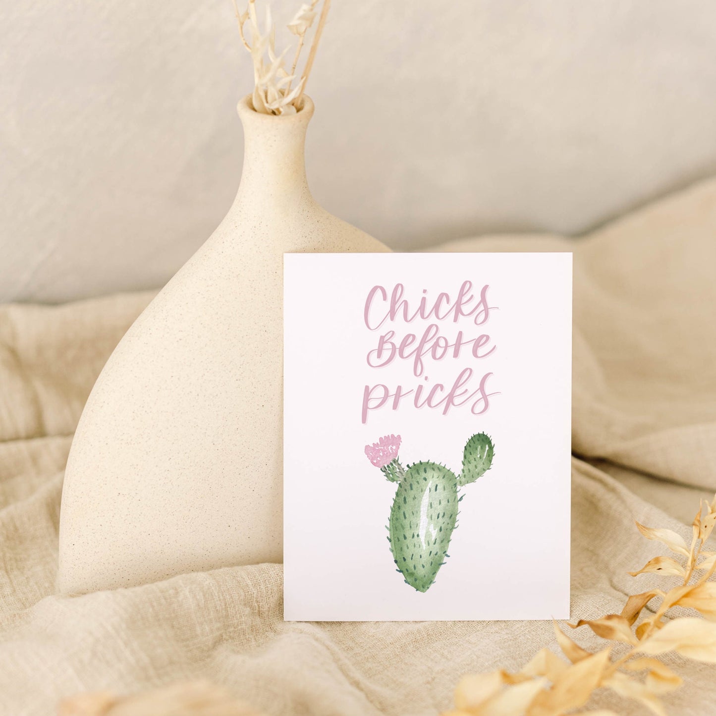 Chicks Before Pricks Card | Watercolor & Calligraphy| Gift for Best Friend | Cactus Card | Galentine's Day |Valentines Day | Birthday Card