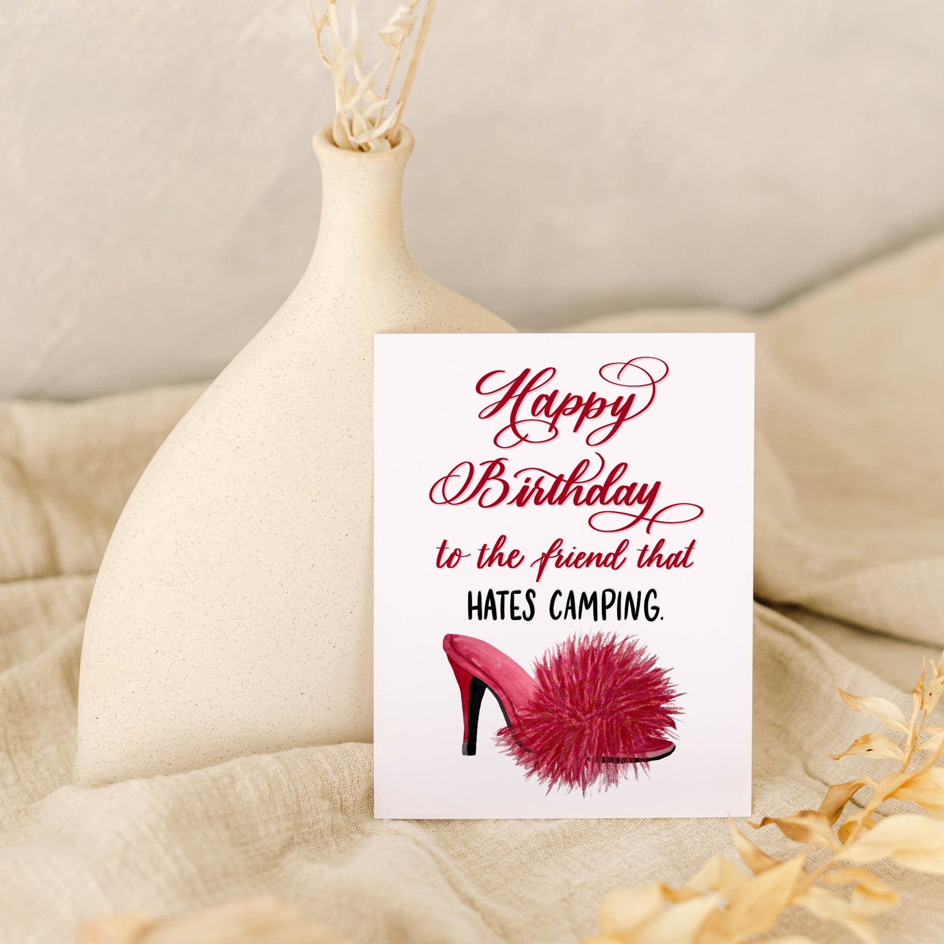 Friend that HATES CAMPING Birthday Card | Watercolor & Calligraphy| Gift for Best Friend | Shoe Card | Pretty Card for her Fabulous Shopping