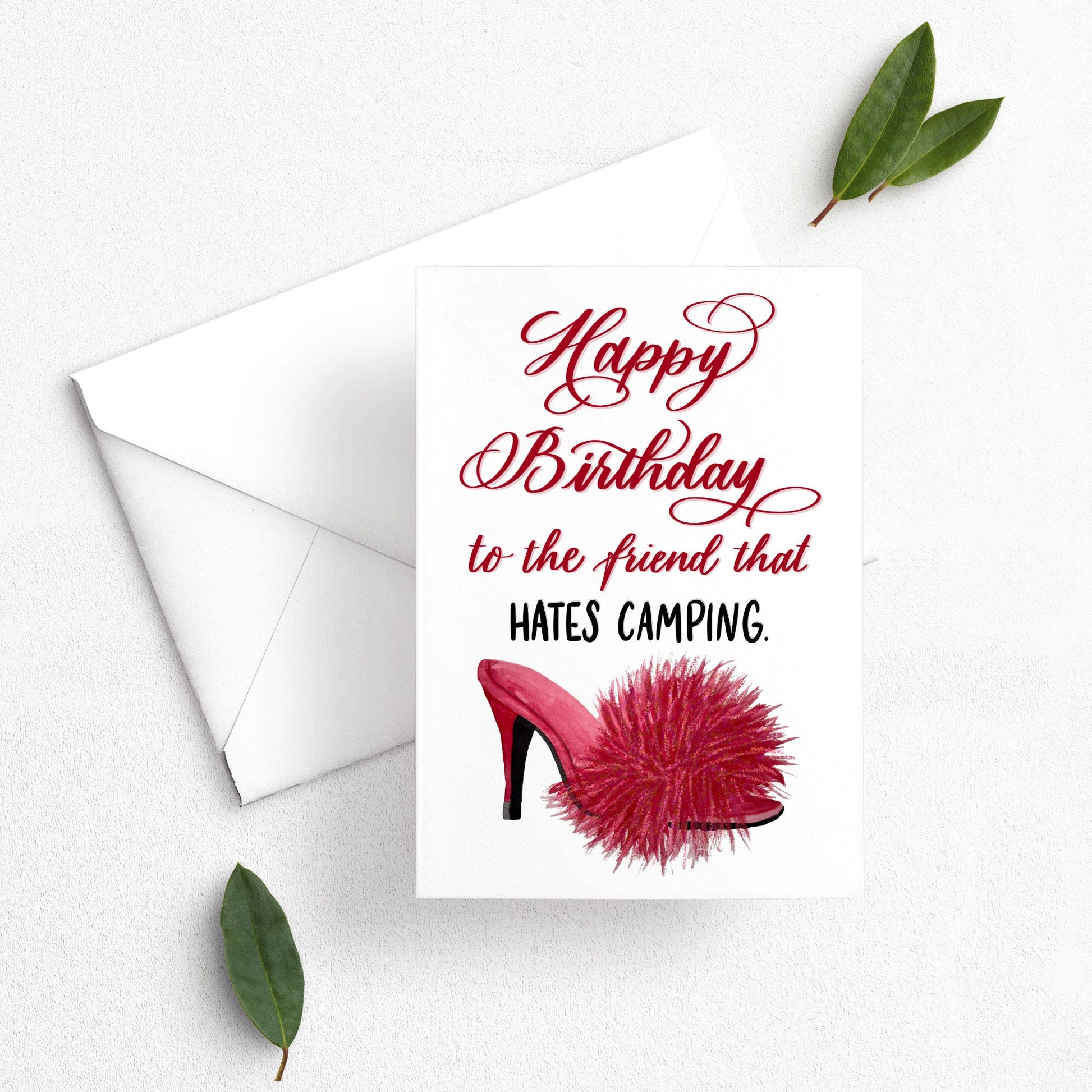 Friend that HATES CAMPING Birthday Card | Watercolor & Calligraphy| Gift for Best Friend | Shoe Card | Pretty Card for her Fabulous Shopping