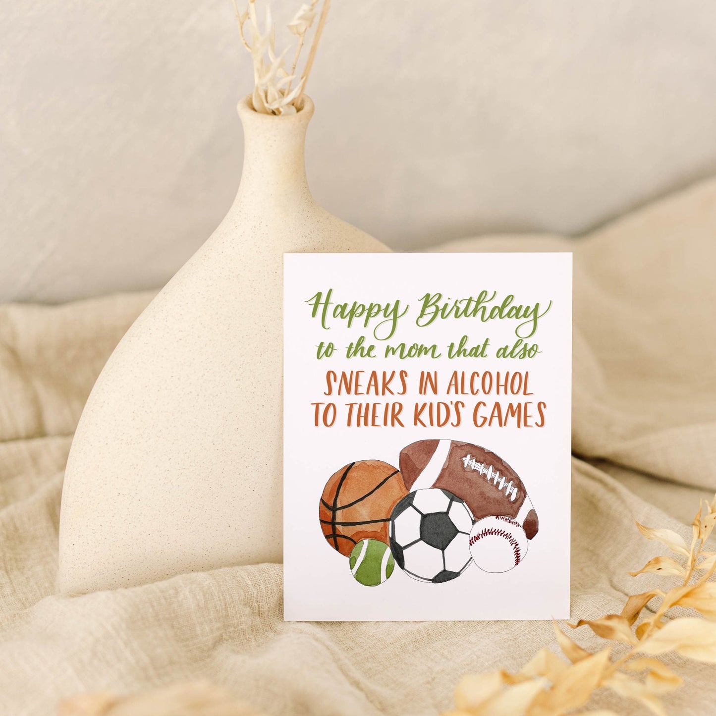 Funny Sports Mom Sneaks in Alcohol Birthday Card | Watercolor & Calligraphy| Gift for Best Friend | Mom Card | Friendship card